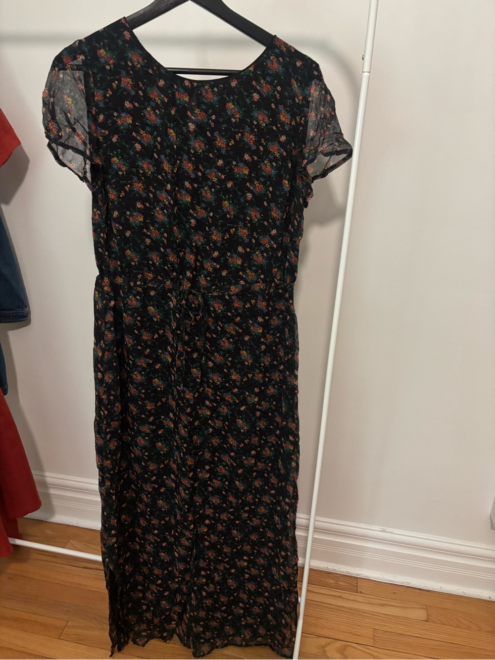 Sezane Black Maxi Dress with Orange & Green Floral Print